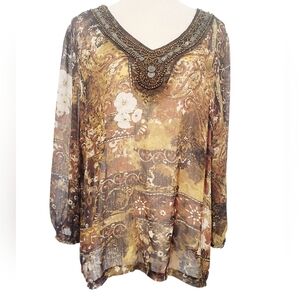 Zac & Rachel Sheer Boho Tunic Top Women’s Large Beaded V-Neck Long Sleeve Brown